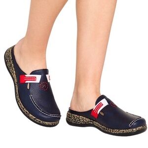 Rieker Italy Made Leather Anti-Stress Navy  Slip On Mules Clogs Shoes 38/7-7.5